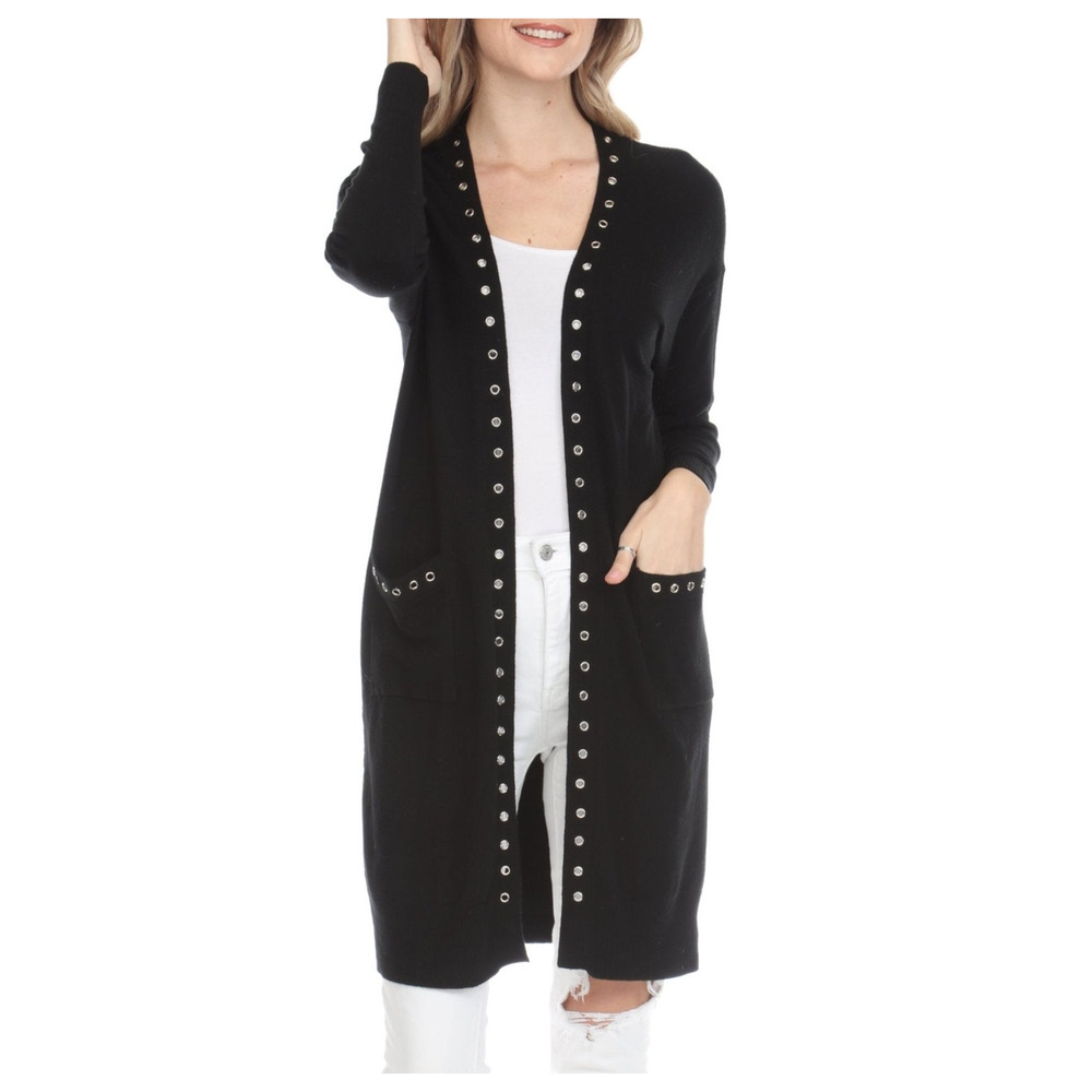 Women's Black Duster Cardigan Size M Grommet Trim Rain+Rose NWT